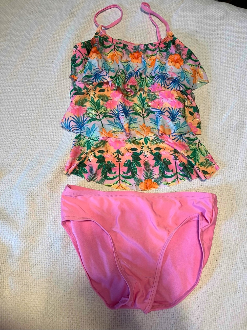 Kohl's Pink Tropical Floral Ruffle Tankini with Pink Bottoms